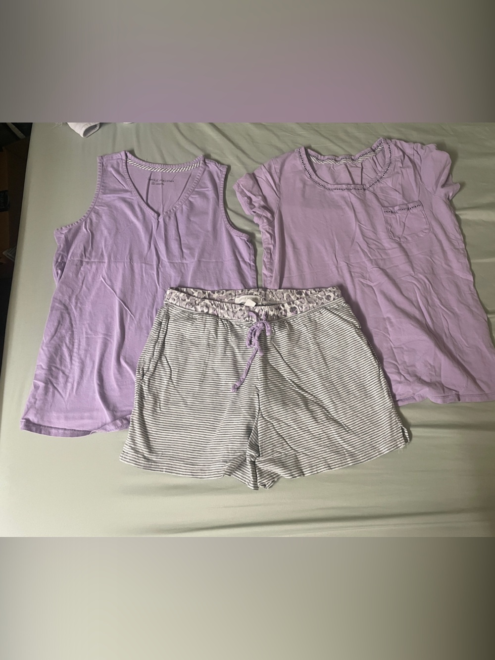 Women's Lavender 3-Piece Pajama Set - Soft Tank, Tee & Striped Shorts